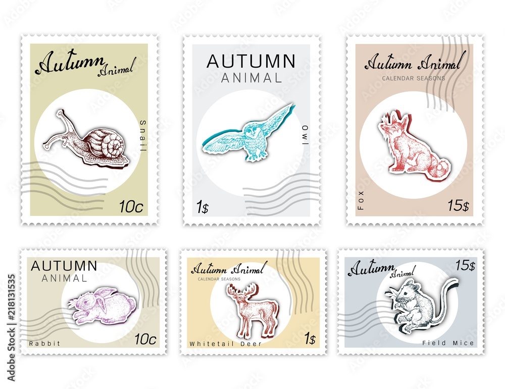 Autumn Animals, Post Stamps Set of Hand Drawn Sketch Bunny Rabbit, Whitetail or Virginia Deer, Fox, Owl, Snail and Field Mice in Trendy Origami Deep Paper Art Carving Style. 