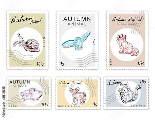 Autumn Animals, Post Stamps Set of Hand Drawn Sketch Bunny Rabbit, Whitetail or Virginia Deer, Fox, Owl, Snail and Field Mice in Trendy Origami Deep Paper Art Carving Style. 