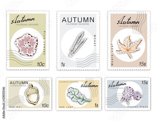 Autumn Plants, Post Stamps Set of Hand Drawn Sketch Maple, Oak Leaf, Pine Leaves, Acorn or Oak Nut, Peanuts and Wheats in Trendy Origami Deep Paper Art Carving Style. 