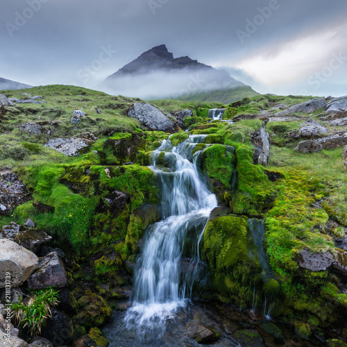 Beautiful little waterfall near Ei  i  Faroe Islands