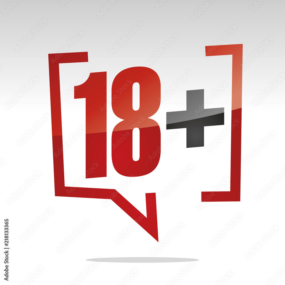 Fototapeta premium Eighteen 18 plus sign in brackets speech red white isolated sticker icon
