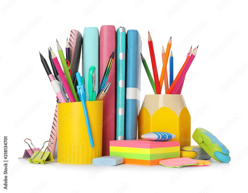 Fototapeta premium Different colorful stationery on white background. Back to school