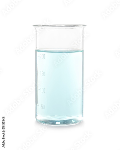 Laboratory beaker with liquid on white background. Chemical analysis