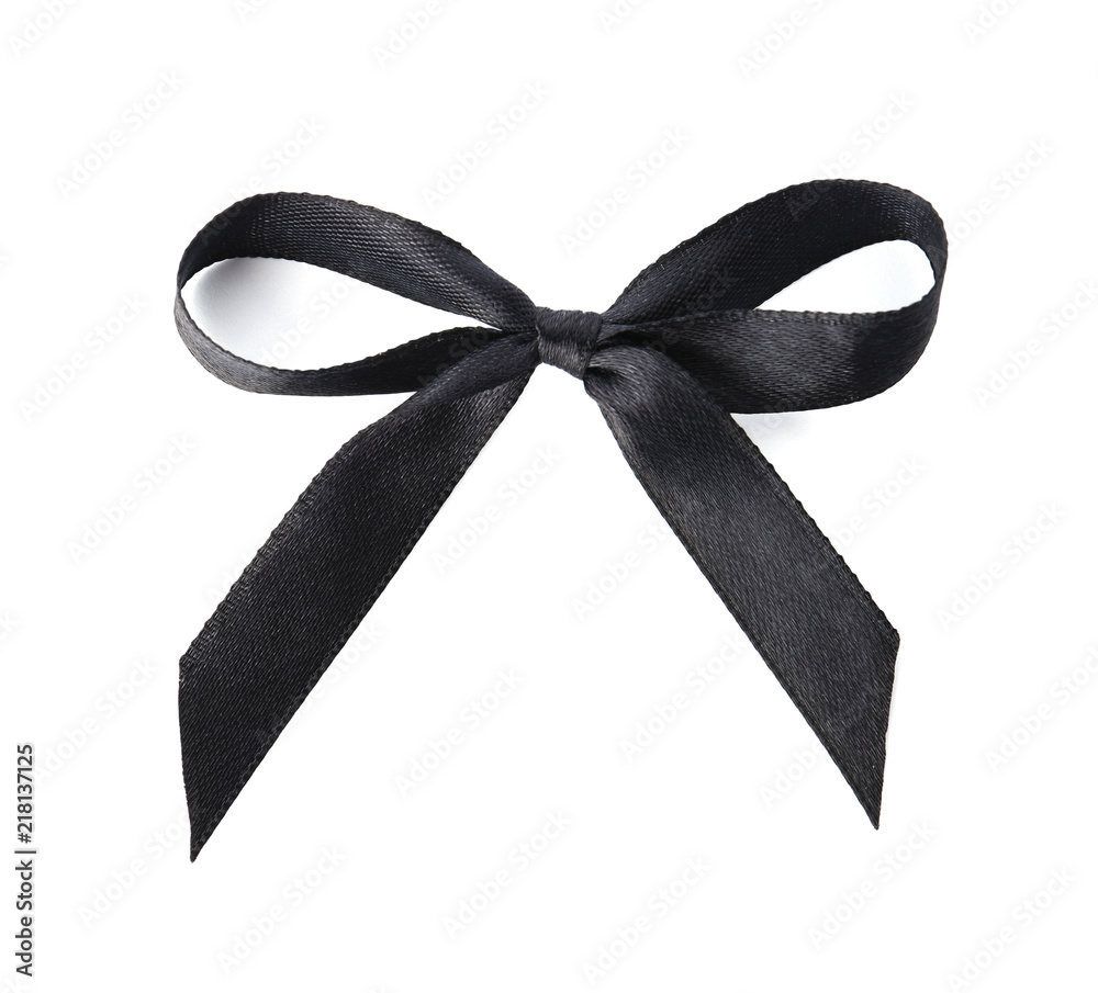 Black bow on white background, top view. Funeral symbol Stock Photo