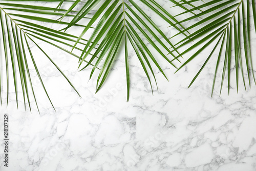 Fresh tropical date palm leaves on marble background  top view