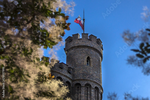 Kórnik, Wielkopolska / Poland - July 8th 2018: Tower of a castle near Poznań with polish flag on the blue sky background
