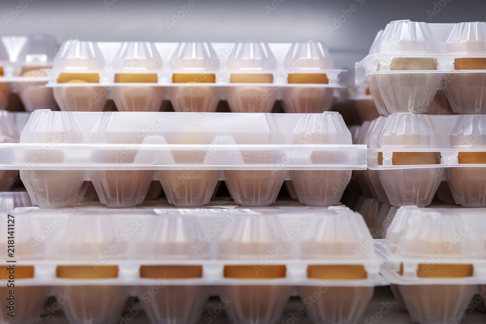 Chicken eggs in plastic packaging. Front view. Chicken eggs in plastic packaging. Front view.