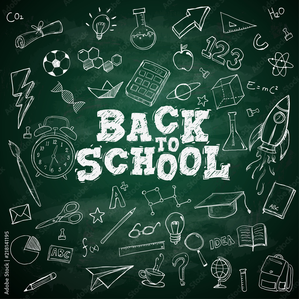 Back to School Text School Stationary Doodles on Blackboard Back to School Text School Stationary Doodles on Blackboard