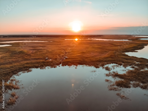 Drone Shot of Kazakhstans Steppe at Sunset