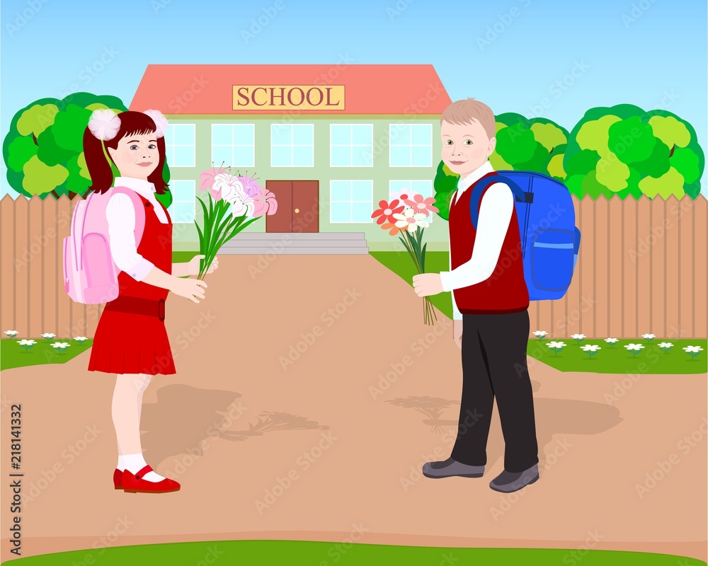Мальчик и девочка идут в школу с цветами