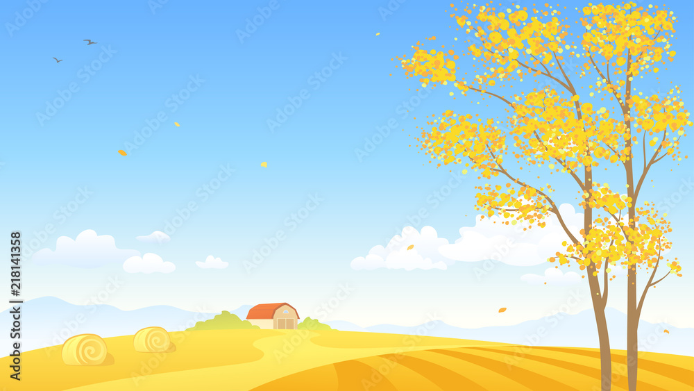 Vector cartoon illustration of an autumn farm background