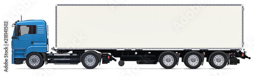 Lorry with long isothermal van, side view. 3D rendering photo