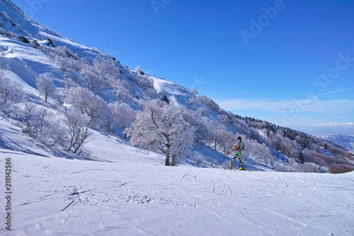 ゲレンデを滑走する前のスキーヤー 