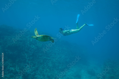 Woman in bikini swims underwater with wild green sea turtle © DaiMar