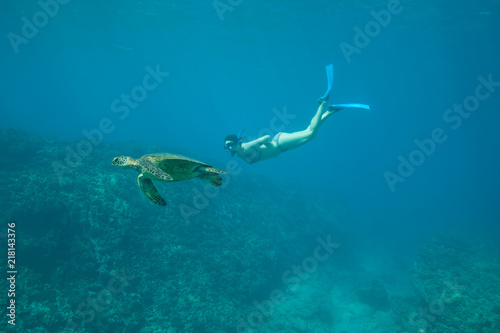 Woman in bikini swims underwater with wild green sea turtle © DaiMar