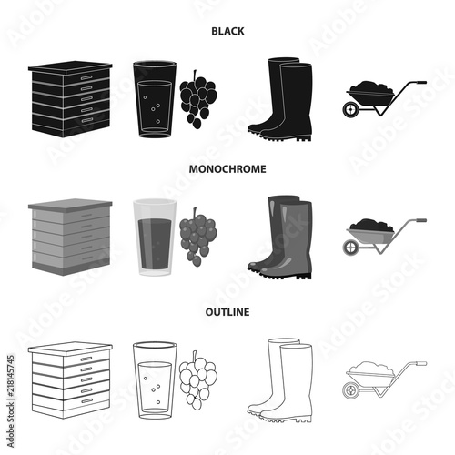 Hive, grapes, boots, wheelbarrow.Farm set collection icons in black,monochrome,outline style vector symbol stock illustration web.