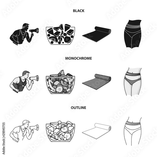 Personal trainer, fruit salad, mat, female waist. Fitnes set collection icons in black,monochrome,outline style vector symbol stock illustration web.