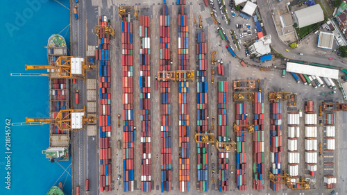 Aerial view container ship from sea port for import export or transportation concept background.