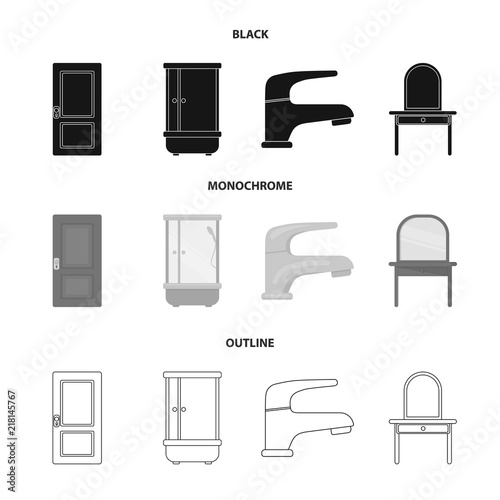 Door, shower cubicle, mirror with drawers, faucet.Furniture set collection icons in black,monochrome,outline style vector symbol stock illustration web.