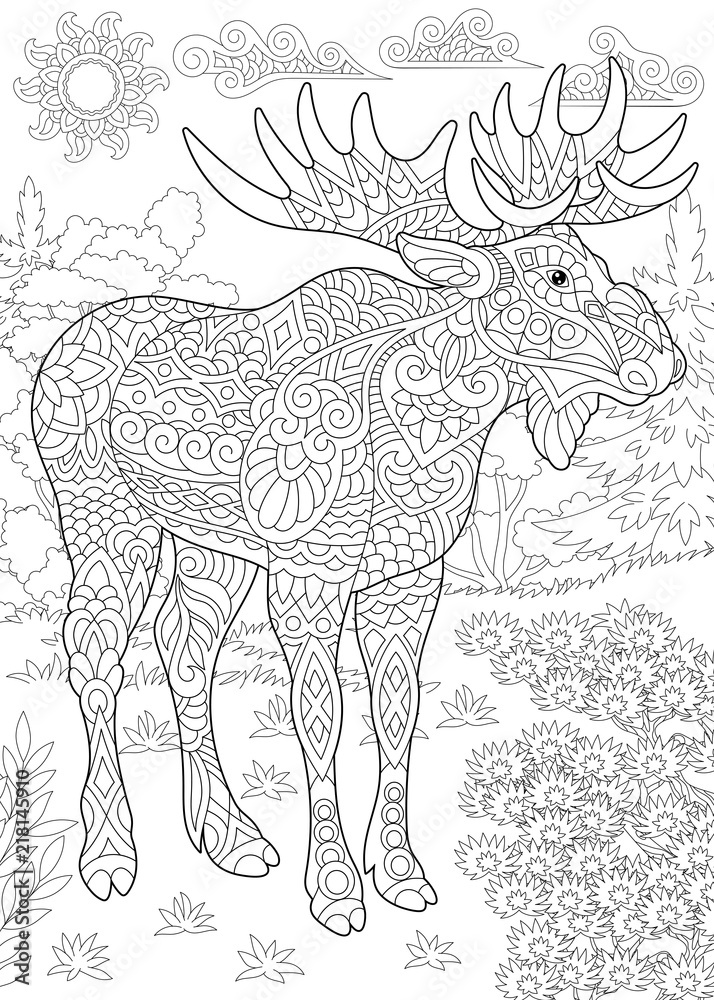 Coloring Page. Coloring Book. Colouring picture with moose. 