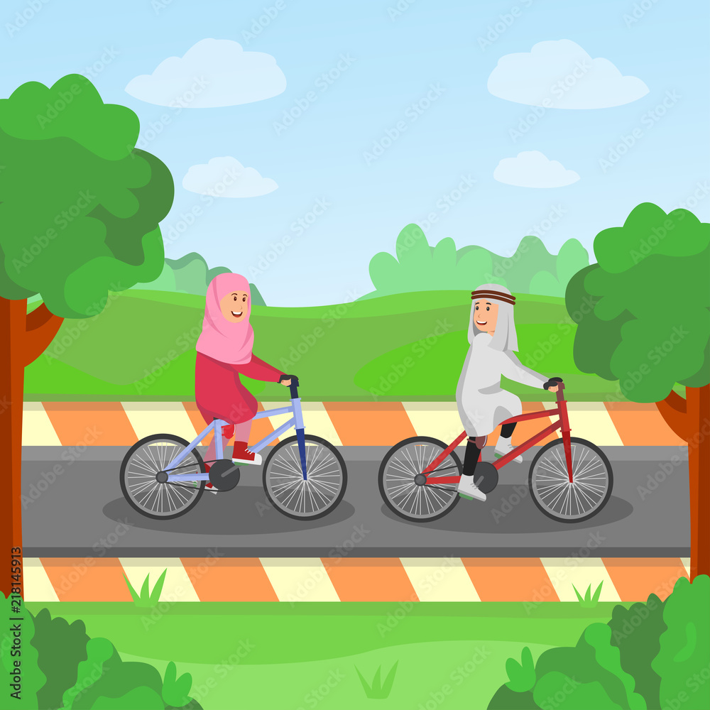 Naklejka premium Young Arabian Couple Riding Bicycle Together in Park, Flat Vector Illustration