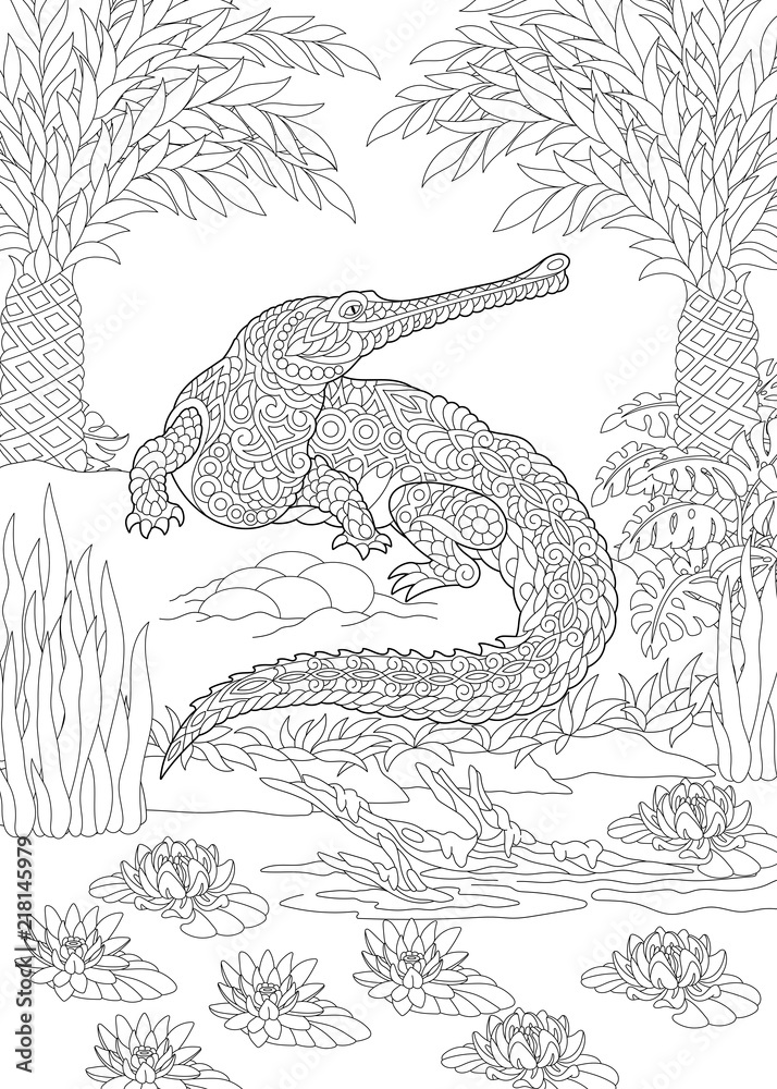 Fototapeta premium Coloring Page. Coloring Book. Colouring picture with crocodile. 