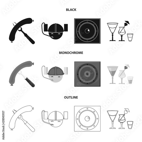 Fried sausage, beer helmet, cocktails, speaker.Pub set collection icons in black,monochrome,outline style vector symbol stock illustration web.