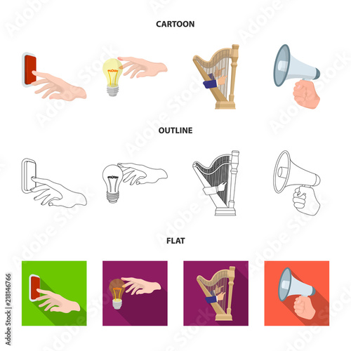 Electric switch button, incandescent lamp and other web icon in cartoon,outline,flat style. harp playing, Megaphone in hand icons in set collection.