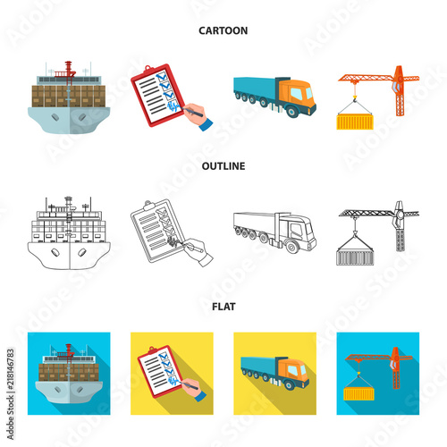 Sea freight, signature of delivery documents, truck, tower crane with a container. Logistics and delivery set collection icons in cartoon,outline,flat style isometric vector symbol stock illustration