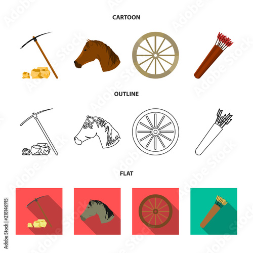 Pickax hoe, horse head, wheel cart, quiver with arrows.Wild west set collection icons in cartoon,outline,flat style vector symbol stock illustration web.