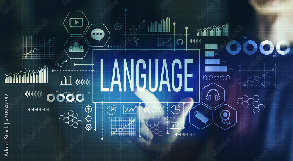 Language with young man pointing on a dark background