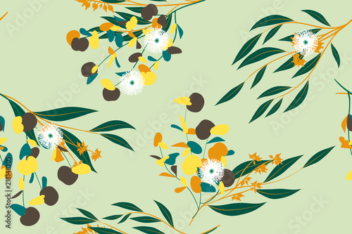 Bright Floral Seamless Pattern. Vector Eucalyptus Leaves and Beautiful Blossom Elements. Colorful Botanical Summer Background. Floral Seamless Pattern for Wedding Design  Print  Textile  Fabric  Paper