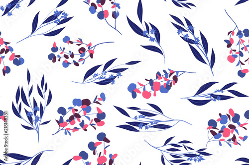 Seamless Summer Pattern in Watercolor Style. Vector Eucalyptus Leaves. Beautiful Branches and Floral Elements. Tropical Plants. Botanical Background. Summer Pattern for Wedding Design, Print, Textile.