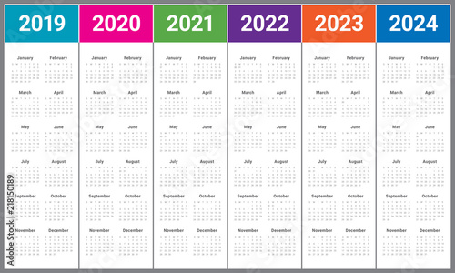 Year 2019 2020 2021 2022 2023 2024 calendar vector design template