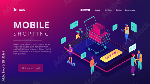 Isometric users buying with tablets and shopping cart with boxes landing page. Online store and buy, e-commerce, mobile marketing concept. Ultra violet background. Vector 3d isometric illustration.