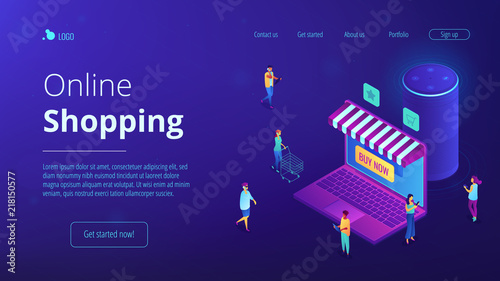 Isometric users buying in online store, laptop screen and voice assistant landing page. Online shopping and service, mobile marketing concept. Blue violet background. Vector 3d isometric illustration.