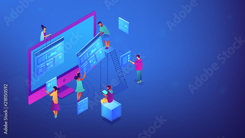 Isometric IT team working with web pages, charts and data illustration. Seo analysis and strategy, marketing, search engine results, concept. Blue violet background. Vector 3d isometric illustration.
