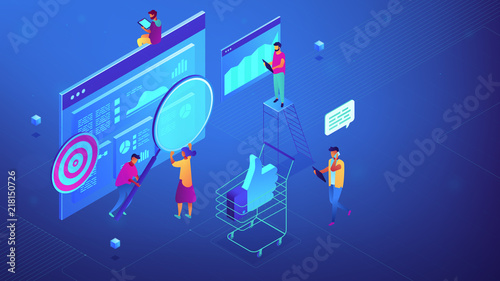 Isometric specialists working on digital marketing strategy illustration. Digital marketing, seo, digital analysis, profit concept. Blue violet background. Vector 3d isometric illustration.