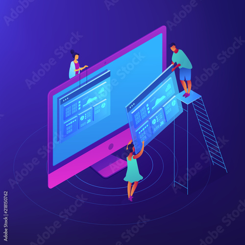 Isometric specialists analyzing website statistics charts on screen illustration. SEO strategy, optimize, search engine results page concept. Blue violet background. Vector 3d isometric illustration.