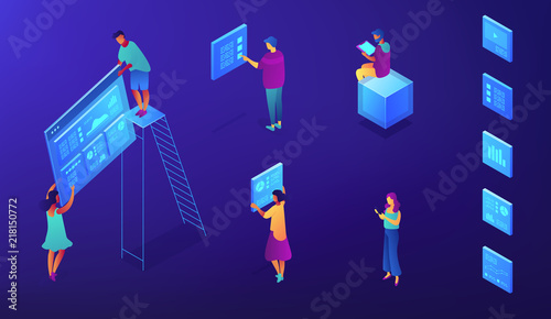 Isometric IT specialists with icons of SEO services illustration. Digital marketing, SEO, content marketing, target audience concept. Blue violet background. Vector 3d isometric illustration.