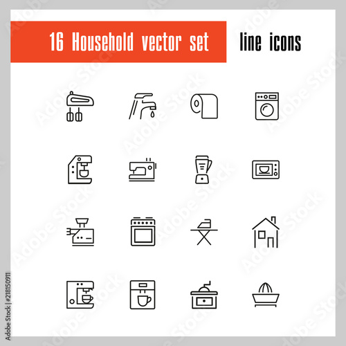 Household icons. Set of  line icons. Washing machine, TV set, sewing machine. Domestic appliances. Vector illustration can be used for topics like housework, housekeeping, technology