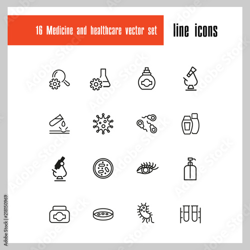 Medicine and healthcare icons. Set of  line icons. Bacteria, corrosion, microscope. Science concept. Vector illustration can be used for topics like microbiology, research, pharmaceutics