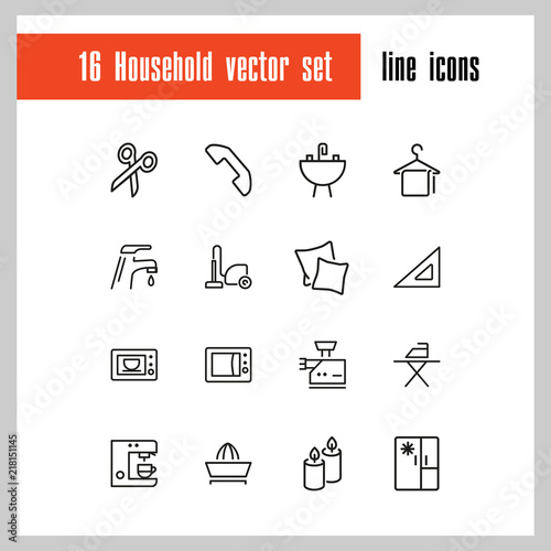 Household icons. Set of line icons. Ironing, faucet, oven. Housekeeping concept. Vector illustration can be used for topics like home appliance, decoration, housecleaning.
