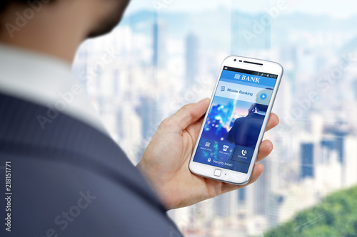 Business Man with smartphone and home banking app on the screen. Bank mobile on a cell phone, application design.