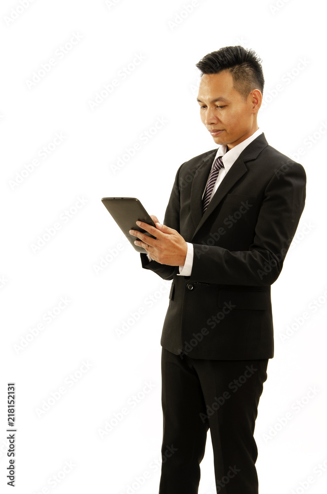 Asian business man hand holding tablet device on white backgrounds