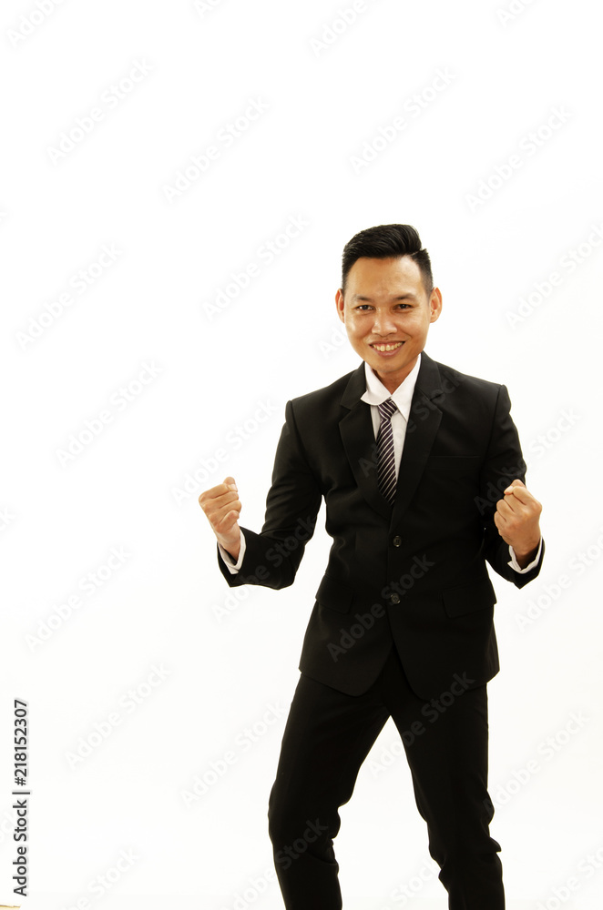 Asian business man portrait with action show giving fist two hand Isolated on white backgrounds. copy space for your text Asian business man portrait with action show giving fist two hand Isolated on white backgrounds. copy space for your text