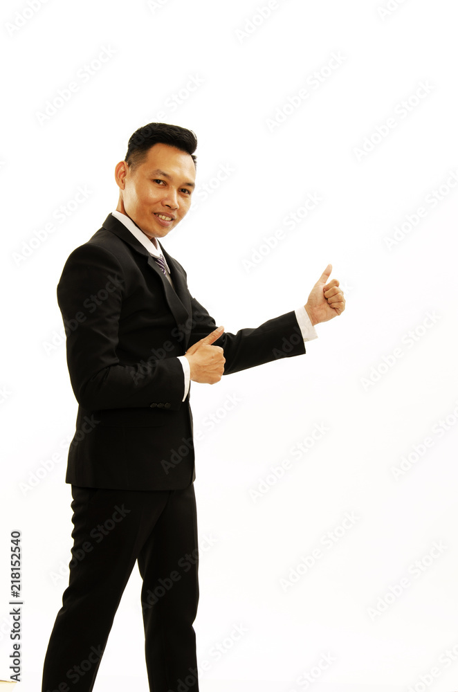 Sideview of standing business man pulling rope from top and smile Isolated on white backgrounds Sideview of standing business man pulling rope from top and smile Isolated on white backgrounds