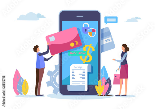 Shopping online. Digital payment with smartphone. Paid by credit card. Shopping on mobile. Flat cartoon miniature. Business illustration vector graphic on white background.