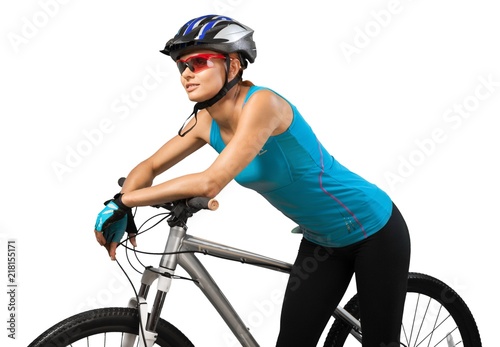 Attractive woman with bike isolated on white photo