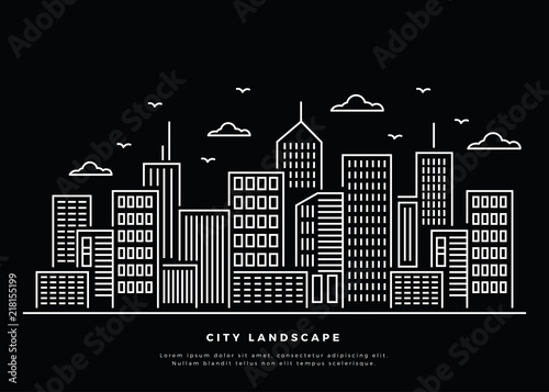 Vector Illustration : Thin line City. Downtown landscape with high skyscrapers